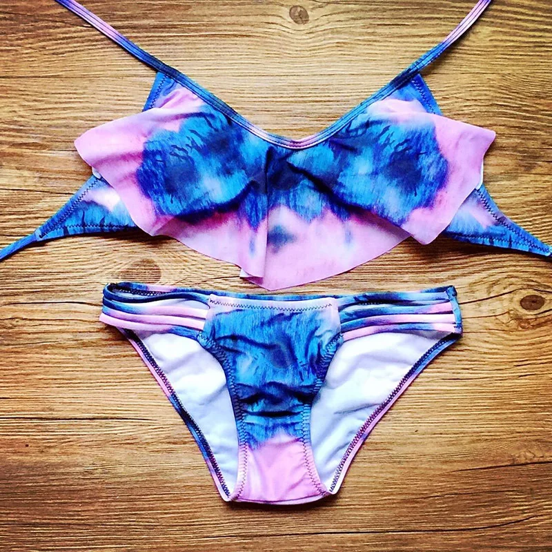 Пуш-ап комплект бикини градиент цвета топ вырез на плече Женский купальный