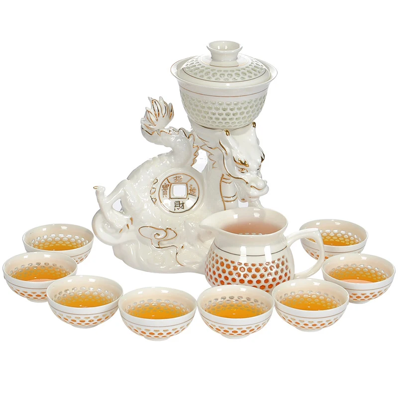 

[1 Teapot +1 Pedestal +1 Fair cup +8 Cups] Automatic 11 Pcs Kung Fu Tea Set Dragon Zisha Ceramics/Porcelain Tea Ceremony Gift