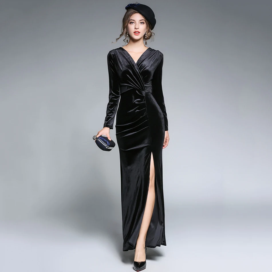 Robe Longue Femme Soiree женское платье, зимнее женское винтажное бархатное платье с длинным рукавом зеленого и красного цвета, Сексуальные вечерние платья макси