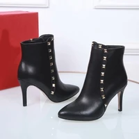 black leather ankle boots for women gold rivet women boots zipper high heel boots women 2018 luxury brand shoes woman size 34 42