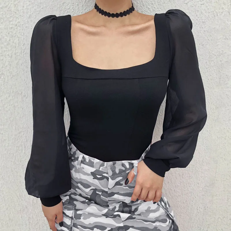 Модные черные сетчатые Sheer тощий черный Боди для женщин 2019 демисезонный с длинным