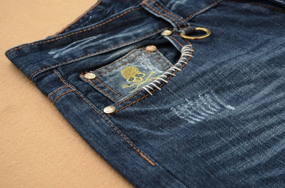 Джинсы мужские рваные Стрейчевые брюки из денима стиль хип-хоп с черепом размер