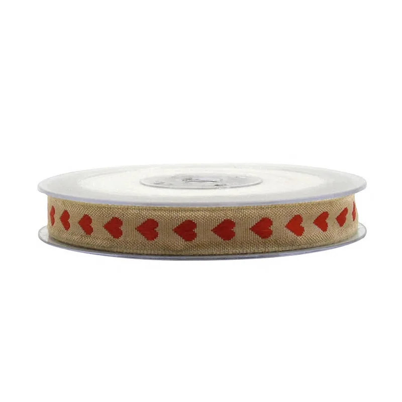 5Yards 15mm Heart Jute cotton Satin Ribbon Tape For Needlework Craft Decarotions Print Ribbons Handcraft DIY Bow