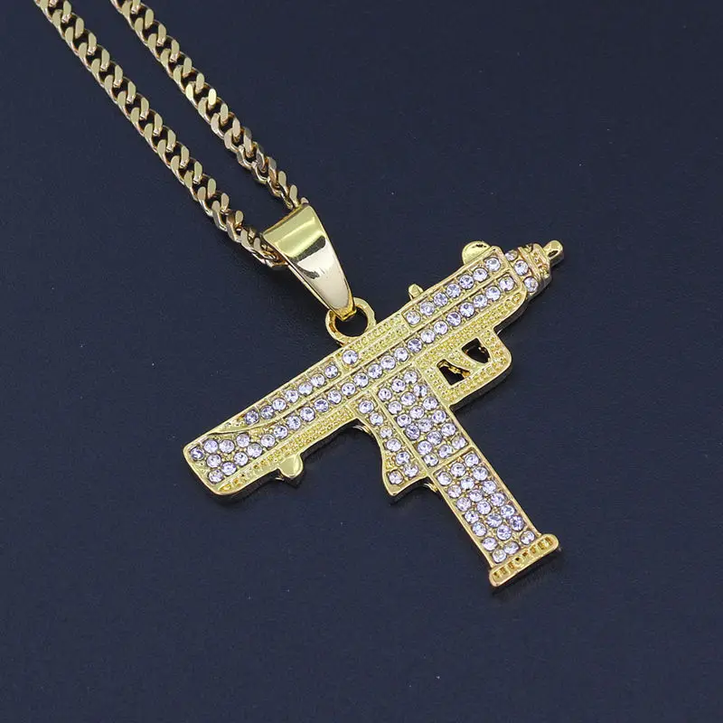submachine gun Bling bling AK-47 вращающийся пистолет-Пистолет Хип-хоп золото серебро кристалл кулон ожерелье, Льдом Из кубинской цепи ювелирные изделия - Окраска металла: submachine gun