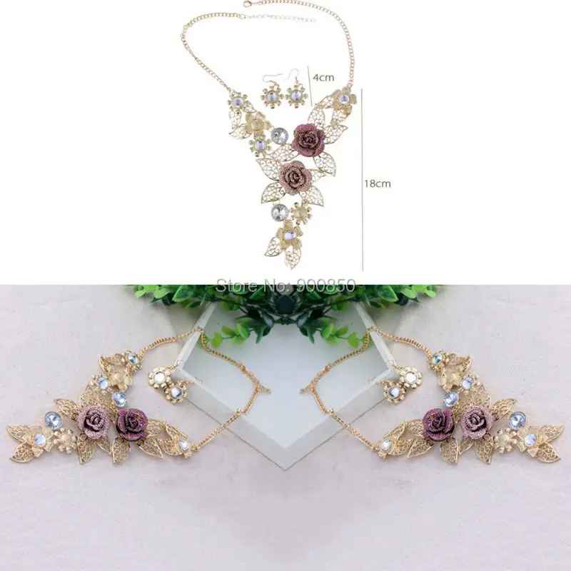 Vintage Hollow Out Flower Crystal Rhinestone Statement Necklace And Earrings For Women Party Wedding Jewelry Sets | Украшения и