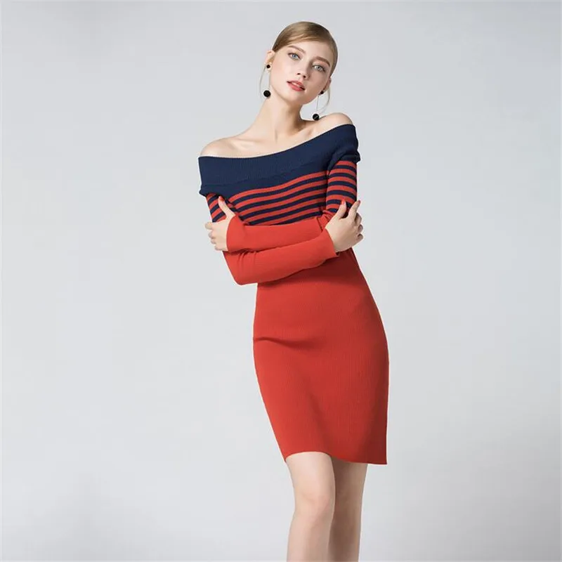 Мода Осень свитер с открытым плечом платье 2017 Высокое качество длинный рукав