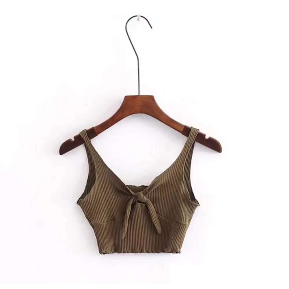 2018 летний женский топ без рукавов с бантиком облегающий короткий на бретелях