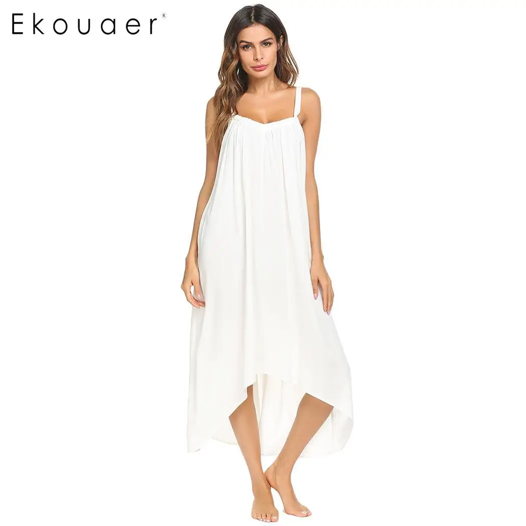 White Ekouaer, женская ночная рубашка на тонких бретелях, длинная сорочка, ночная рубашка, однотонная, с неровным подолом, свободное, ночное платье, женские длинные ночные рубашки - Цвет: White
