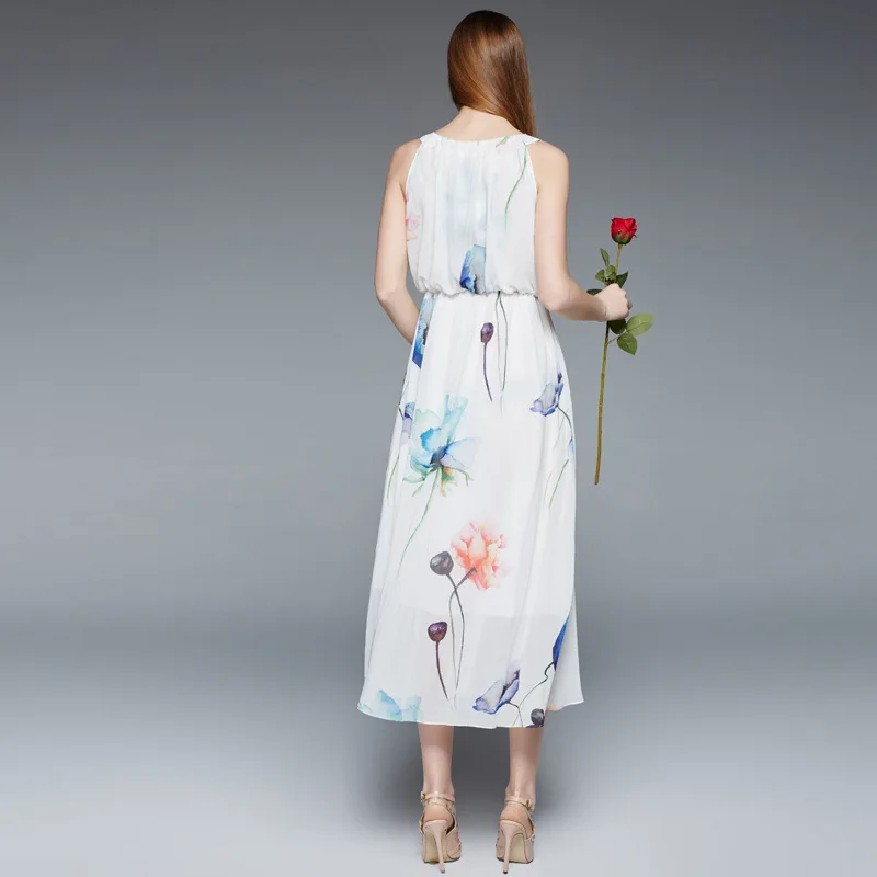 Twods 2016 летних цветов печать женщины белый шифоновое платье без рукавов о образным