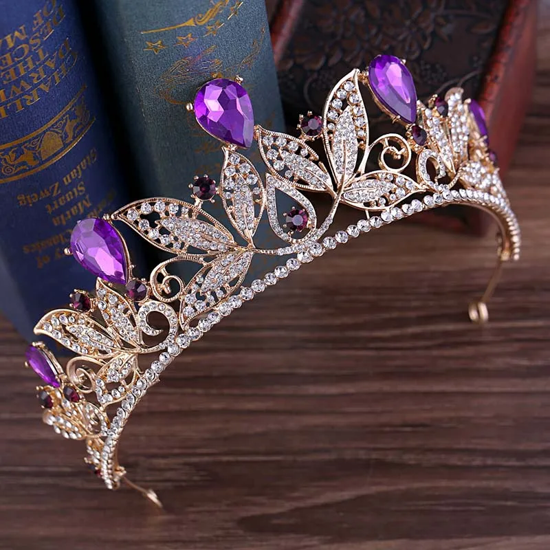 Purple Женская диадема и короны в форме прозрачных листьев, изысканная элегантная повязка для волос в стиле барокко, свадебные красивые головные уборы, аксессуары для волос - Окраска металла: Purple