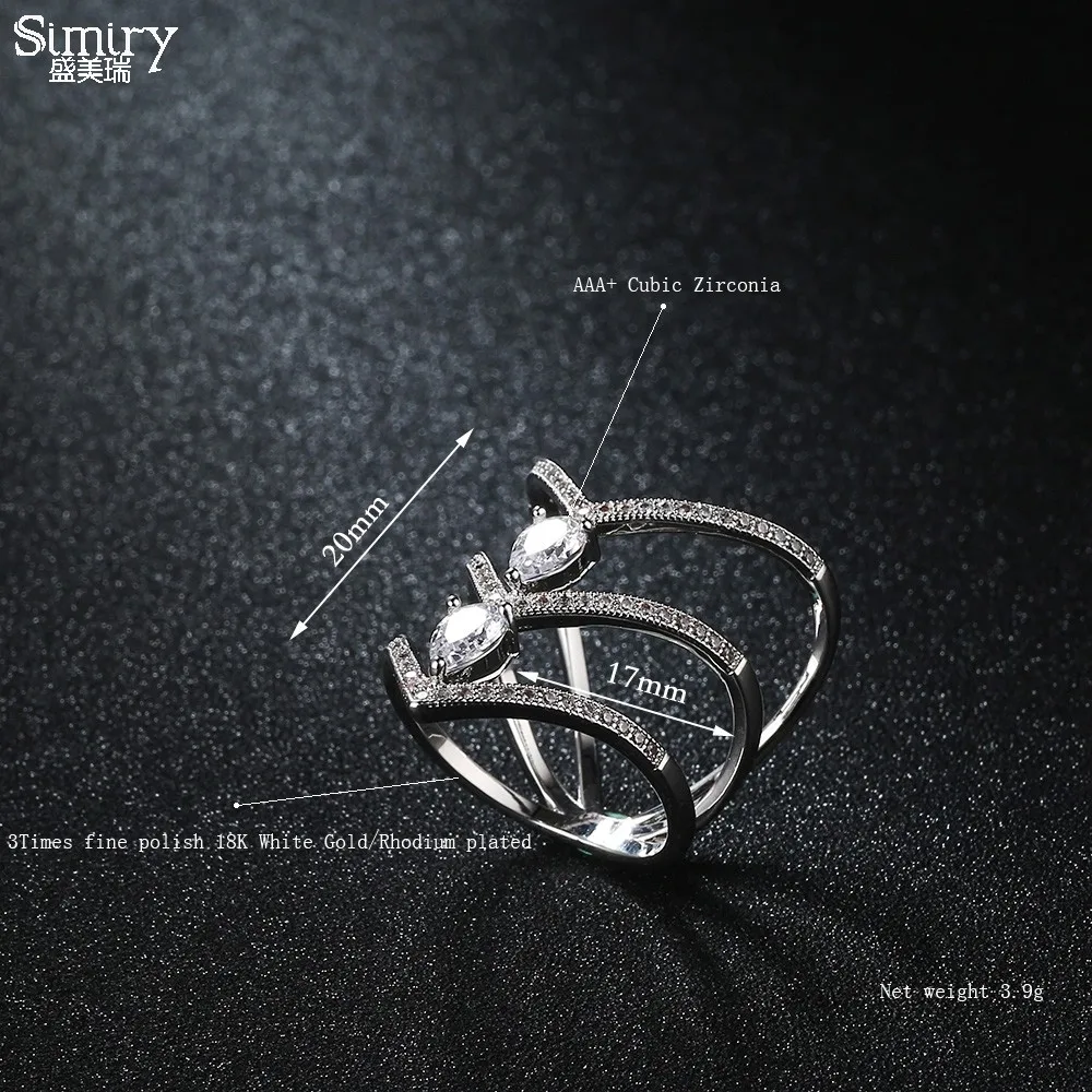 Женское коктейльное кольцо SIMIRY уникальное в форме белого золота с фианитами