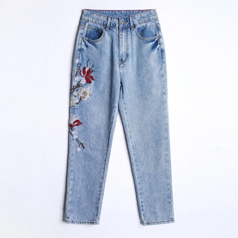 

YNZZU Autumn Winter high waist women's jeans Embroidery 2019 plus size hole female denim pants Loose casual harem trousers YB360