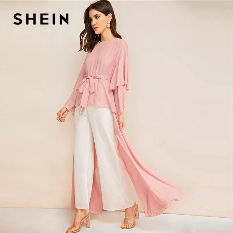 SHEIN блузка с длинными рукавами и разрезом в виде ласточкиного хвоста с поясом, женская розовая скромная Асимметричная блузка с асимметричным подолом, однотонные женские топы
