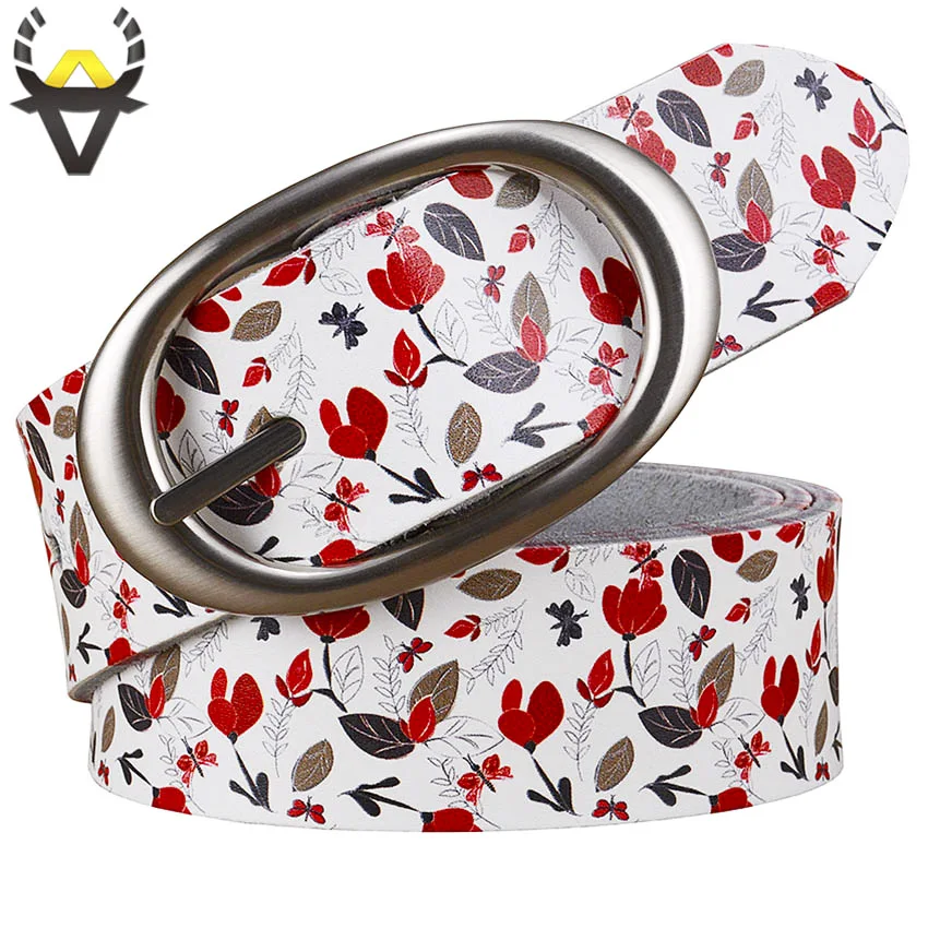 Fashion genuine leather belts for women Luxury designer printing Red leaves floral belt female Pin buckle strap width 3.5 cm