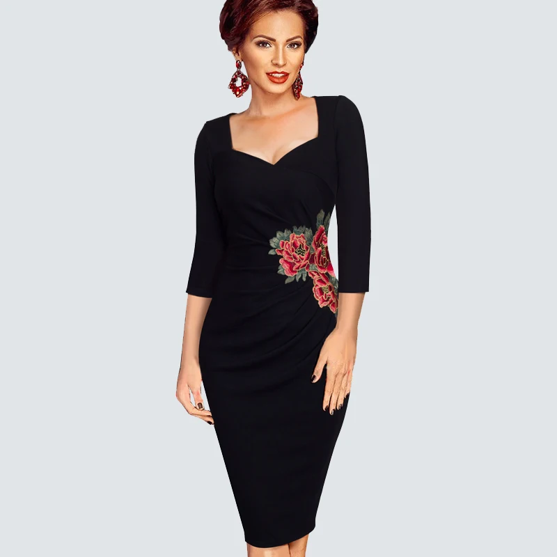 Винтажное облегающее платье с цветочной аппликацией и рюшами элегантное женское