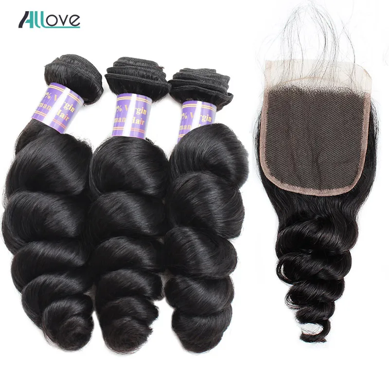 Малазийские свободные волны с закрытием Allove человеческие волосы пучки с парик с пробором посередине не remy волосы для наращивания с кружевом