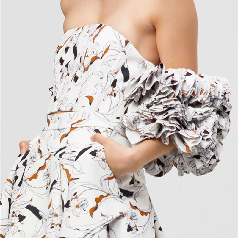 Женская короткая рубашка VGH летняя с принтом вырезом лодочкой пышными рукавами