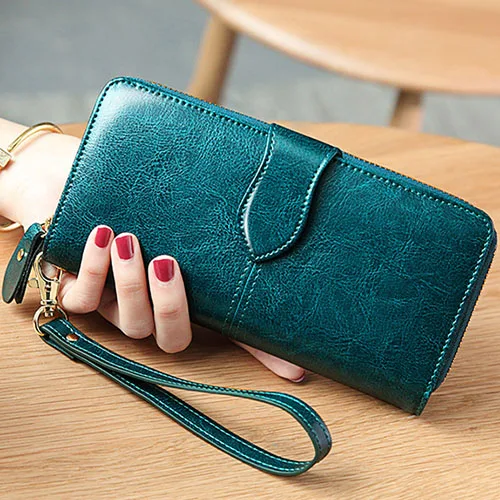 Peacock blue Роскошный женский кошелек из воловьей кожи, длинный женский клатч, кошельки, брендовый модный держатель для карт, кошелек для монет, дамская сумочка - Цвет: Peacock blue