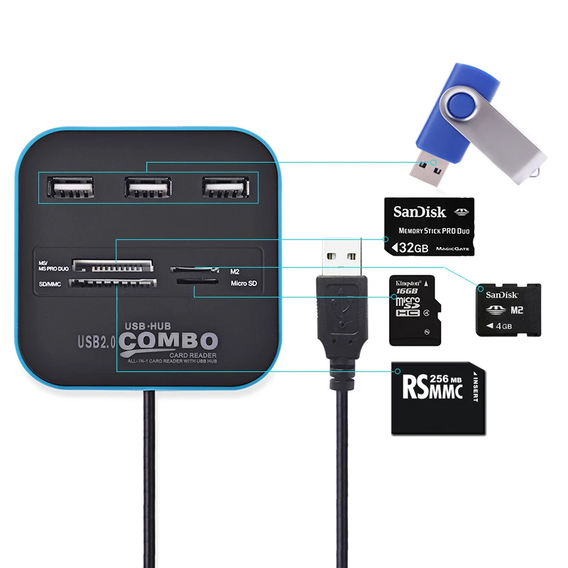 Usb концентратор с несколькими портами 3 Порты + устройство для чтения карт памяти 2