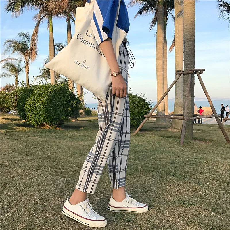 Женские свободные Брюки Laura's Store клетчатые брюки с широкими штанинами лето 2019 |