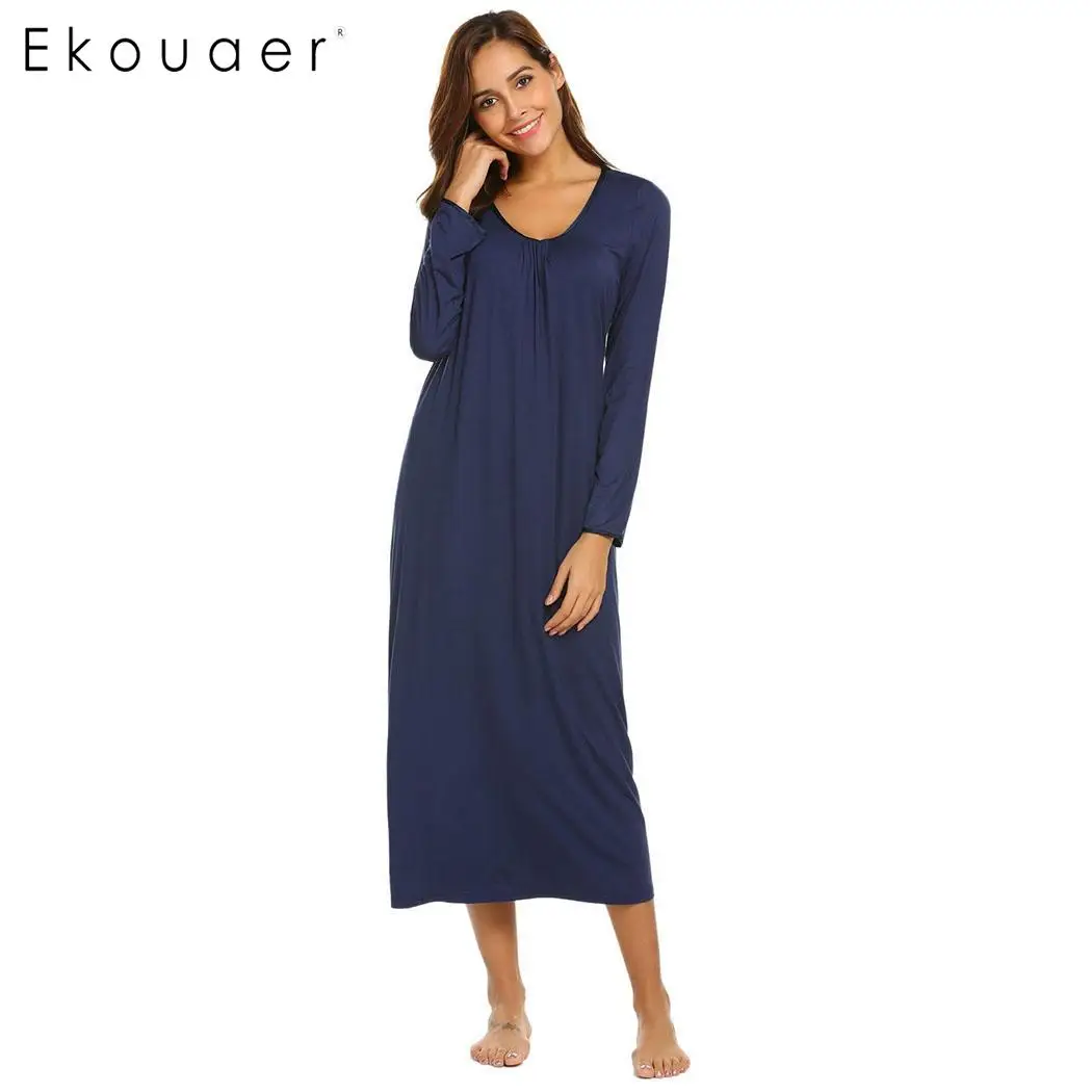 Ekouaer/длинная ночная рубашка повседневное однотонное с длинным рукавом