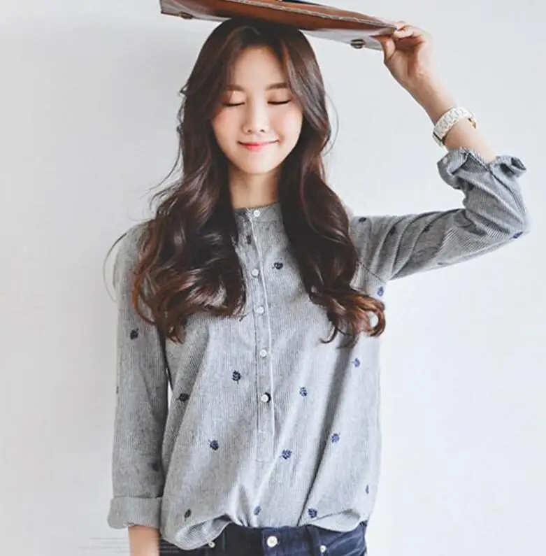 2017 Для женщин модная одежда с длинными рукавами хлопковые полосатые Блузки для