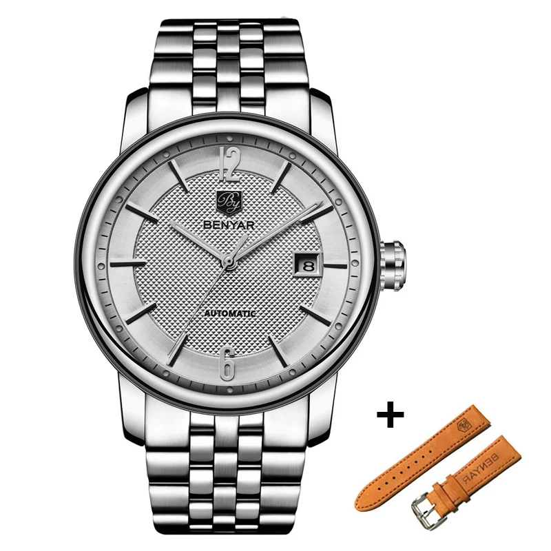 Steel Silver White BENYAR Модный Топ люксовый бренд кожаный комплект часов автоматические Мужские часы Мужские механические стальные часы Relogio Masculino - Цвет: Steel Silver White