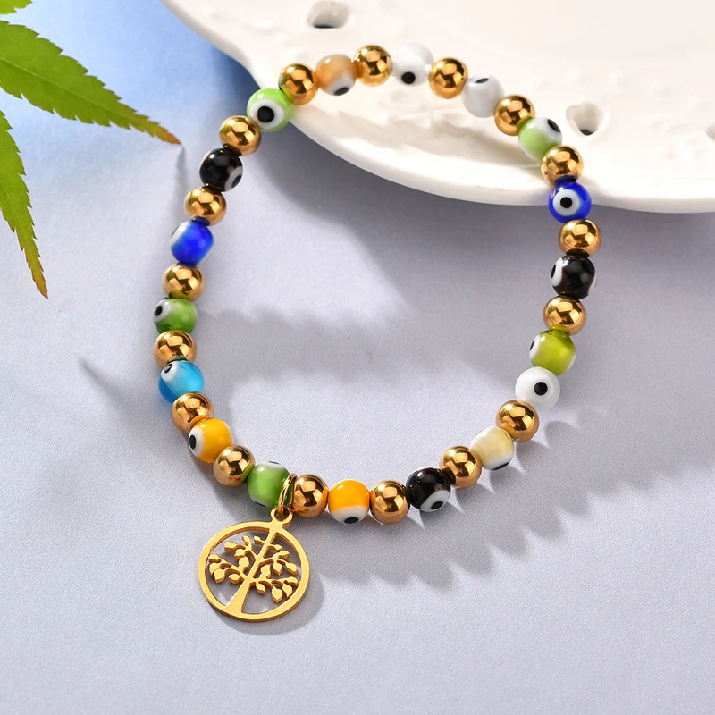ELSEMODE Amulet Tree Life Blue Eye of Medusa 316L браслет из нержавеющей стали с бусинами Унисекс На