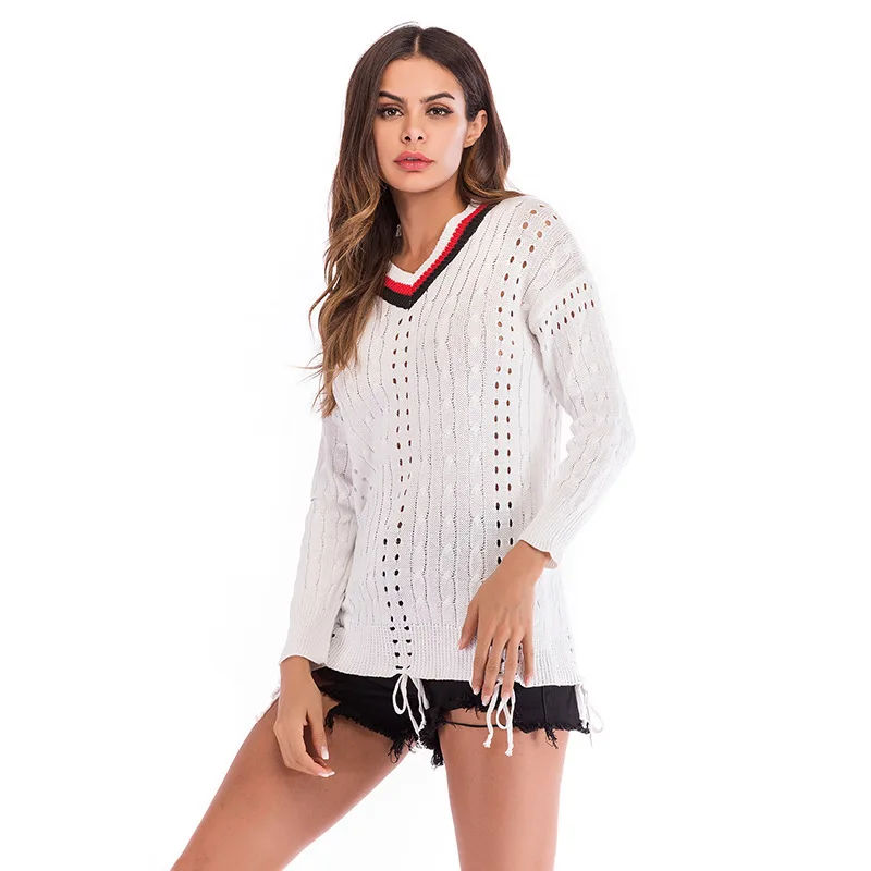 Autumn White Sweater Women Tassel Thin V-Neck Knitted Long Sleeve Spring Patchwork Hollow Out Casual Pullovers Ladies | Женская одежда