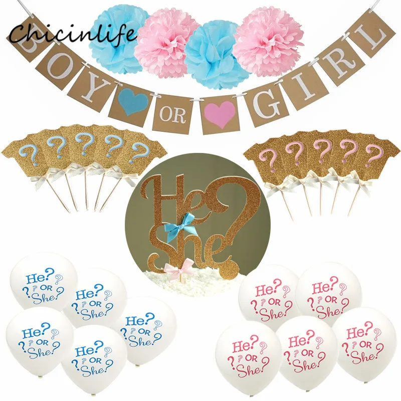 

Chicinlife 1Set Gender Reveal Theme He or She  Cupcake Cake Topper Balloons Girl Or Girl Bunting Banner Baby Shower Decoration