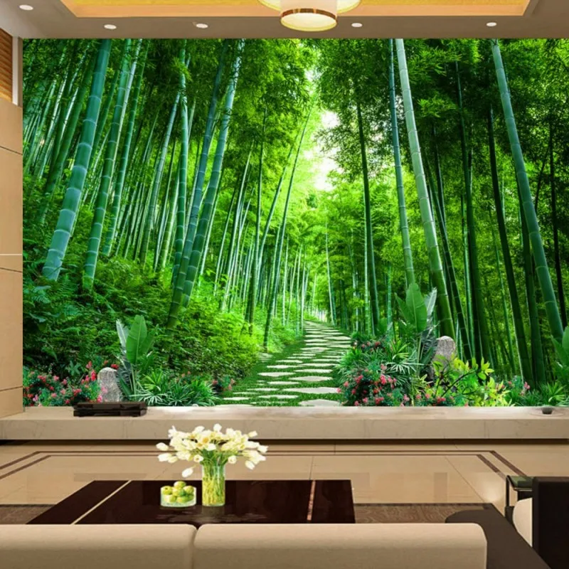

Dropshipping Fatman Decoration Mural Bamboo Forest Small Road Green Wallpaper Living Room Foto Wallpapers Papel De Parede