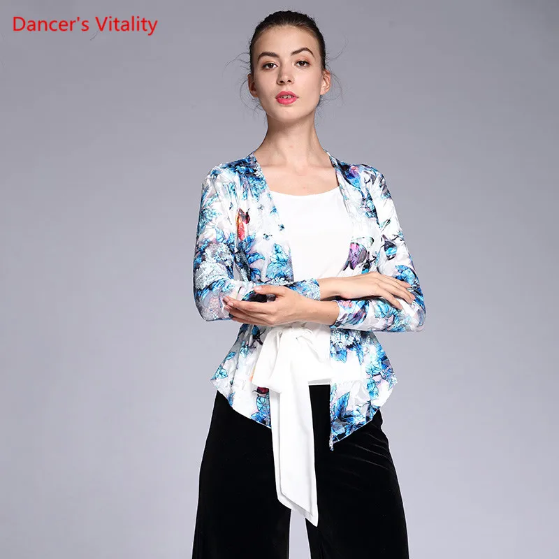 New Women Ballroom Dance Tops Adult Female Long Sleeved Printing Lady's Latin Waltz square Practice Costumes | Тематическая