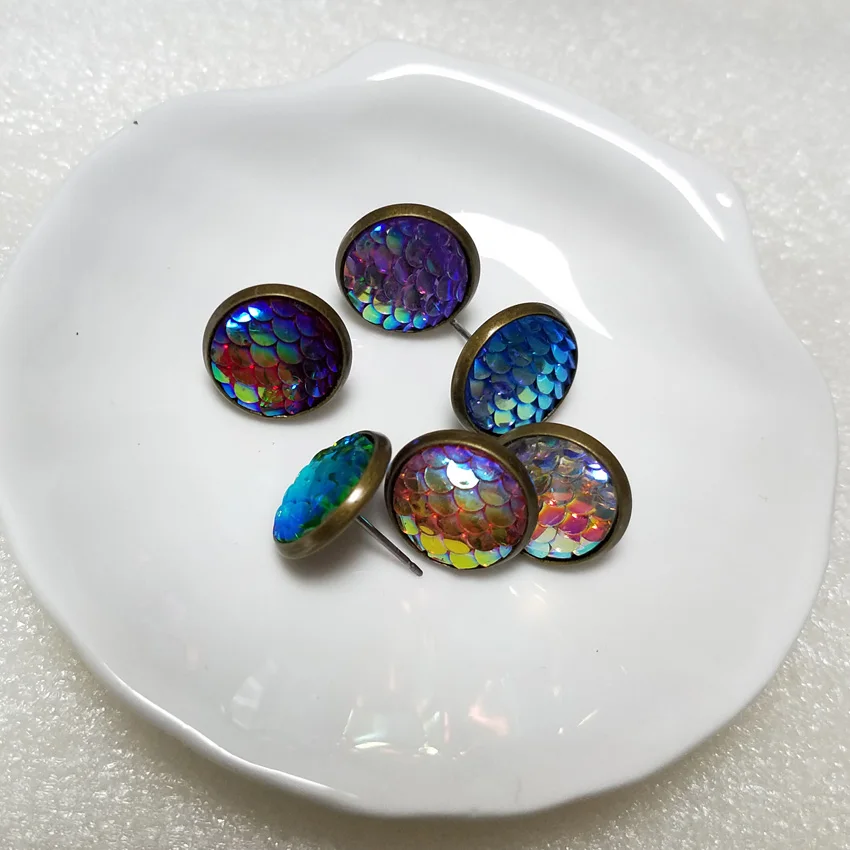 12 мм медная основа античные латунные покрытые красочные серьги русалки для