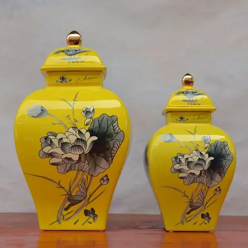 

Goods in stock European yellow square ceramic pot storage tank with a cover of soft decoration housing decoration