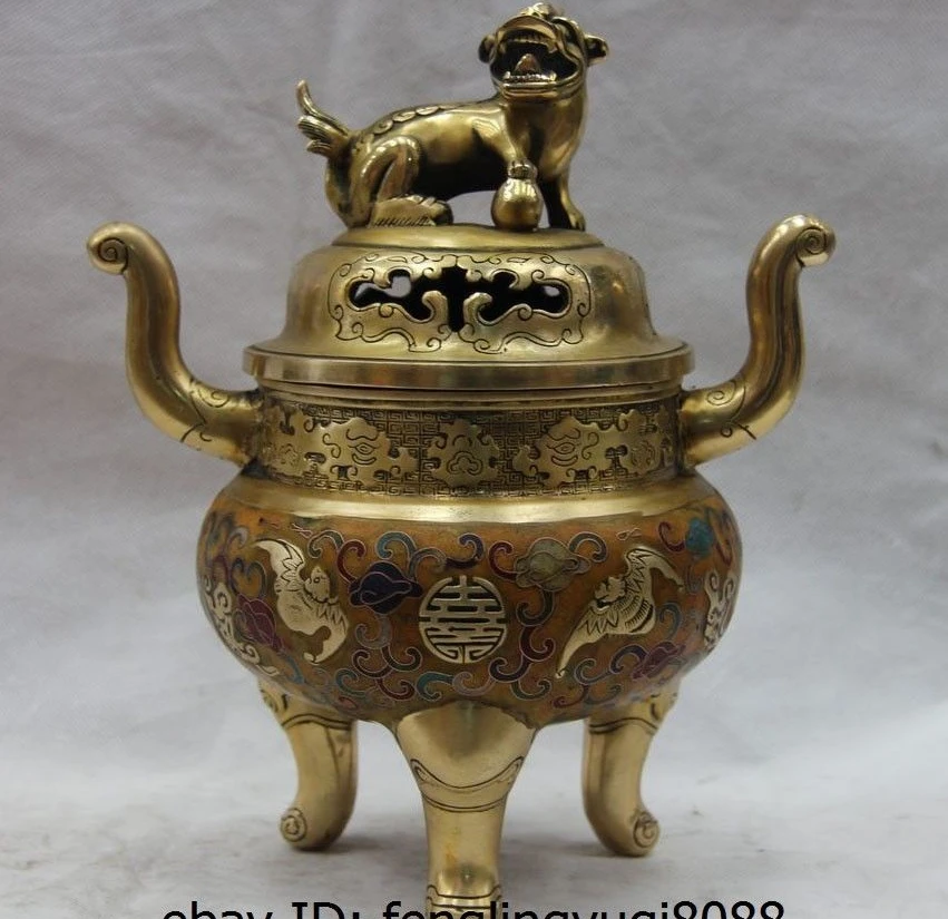 Китай Бронза Медь cloisonne буддизм летучая мышь фу Foo Собака Лев курильница|Статуи и