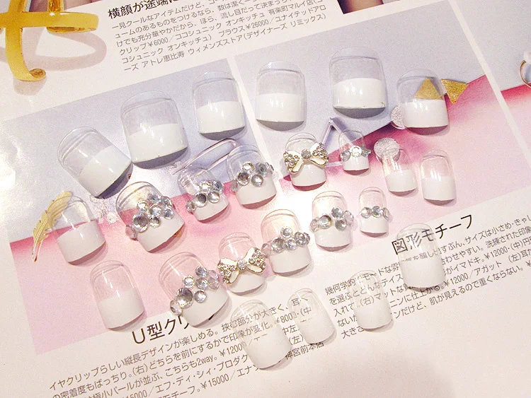 Простой 24 шт./компл. 3D бант Стразы французские Готовые накладные ногти короткий