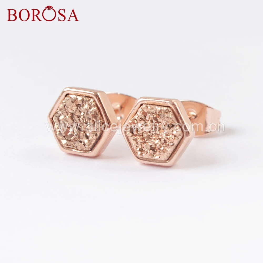 Шестигранные серьги гвоздики BOROSA цвета розового золота титановые радужные друзы