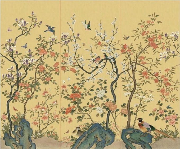 Современные шелковые обои с ручной росписью цветы пиона птицами ручная роспись