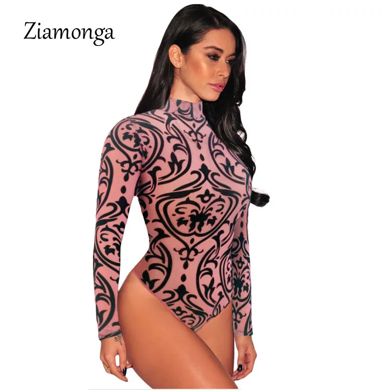 Женское боди с длинным рукавом Ziamonga черное Сетчатое Кружевное принтом и высоким