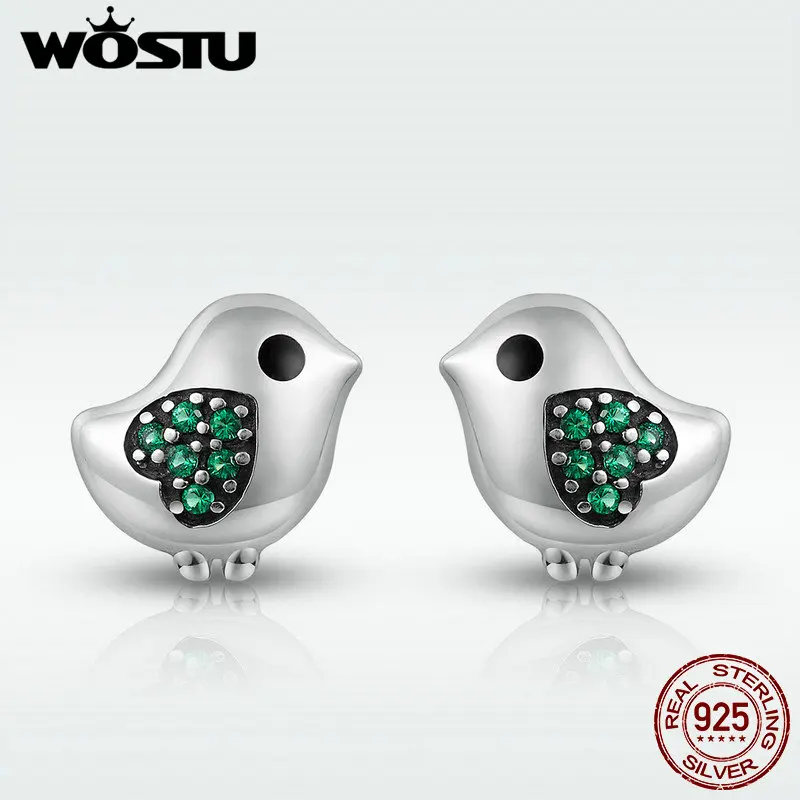 WOSTU 2019 Настоящее серебро 925 пробы любящая маленькая птичка с зеленым цирконием