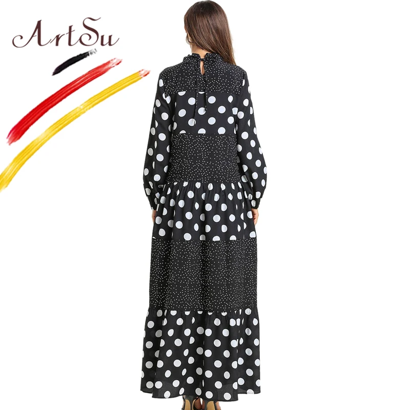 

ArtSu 2019 Women Casual Long Black Dress Fashion Patchwork Draped Swing Polka Dots Robe Femme Spring Holiday Boho Maxi Dress