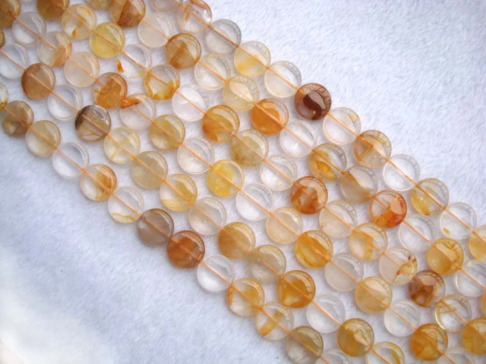 Натуральная желтая кварцевая плоская монета/круглая beads15mm15 5 &quotдля