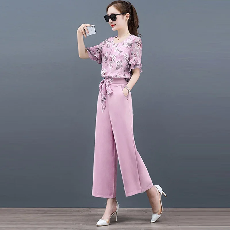 Женский комплект 2 шт. блузка с расклешенными рукавами и широкие штаны комплекты