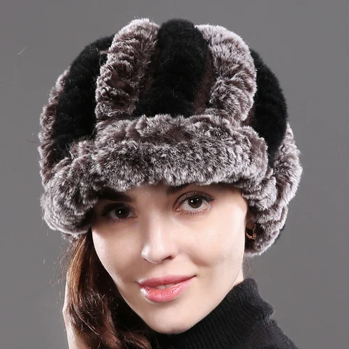coffee and black Настоящий мех кролика шапка для женщин зимние вязаные настоящие натуральные шапки из меха кролика рекс бренд леди теплые повседневные шапочки оптом и в розницу - Цвет: coffee and black
