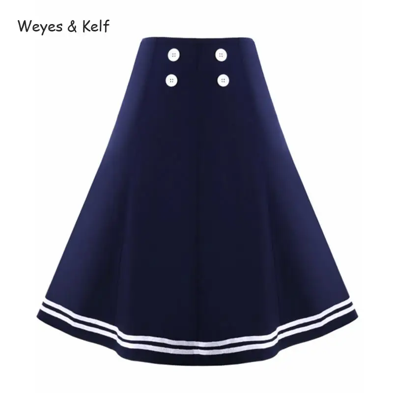 Weyes &amp Kelf Button High Waist Retro Skirts Womens Dark Blue Elegantes 2020 Summer Skirt Knee-length For Women Faldas | Женская