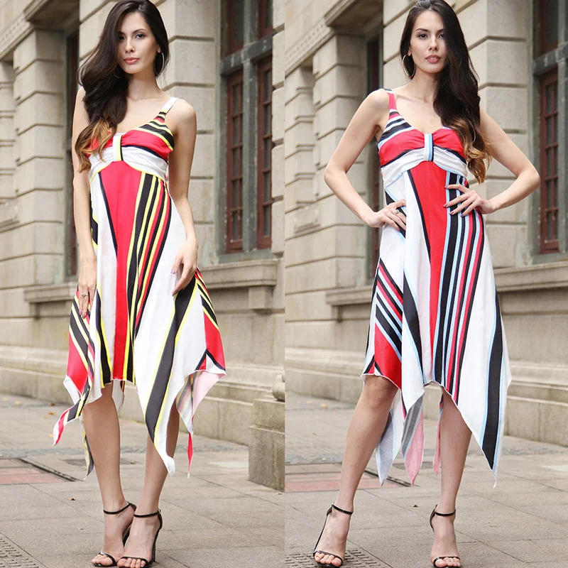 Topgirls Summer Elegant Women Dress Sleeveless O-neck Print Ladies Vintage Irregular Ruffles Design Femme | Женская одежда