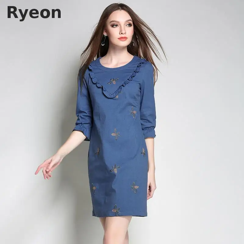 Ryeon 5XL Плюс Размер женщин джинсовые платья три четверти рукава вышивки Над