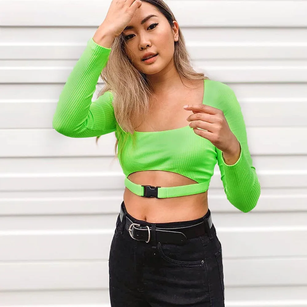 Ladies Knitted Buckle T-shirt Long Sleeve Neon Green Top Shirt Fashion 2019 Summer Autumn Women Sexy Square Neck Crop Femme | Женская