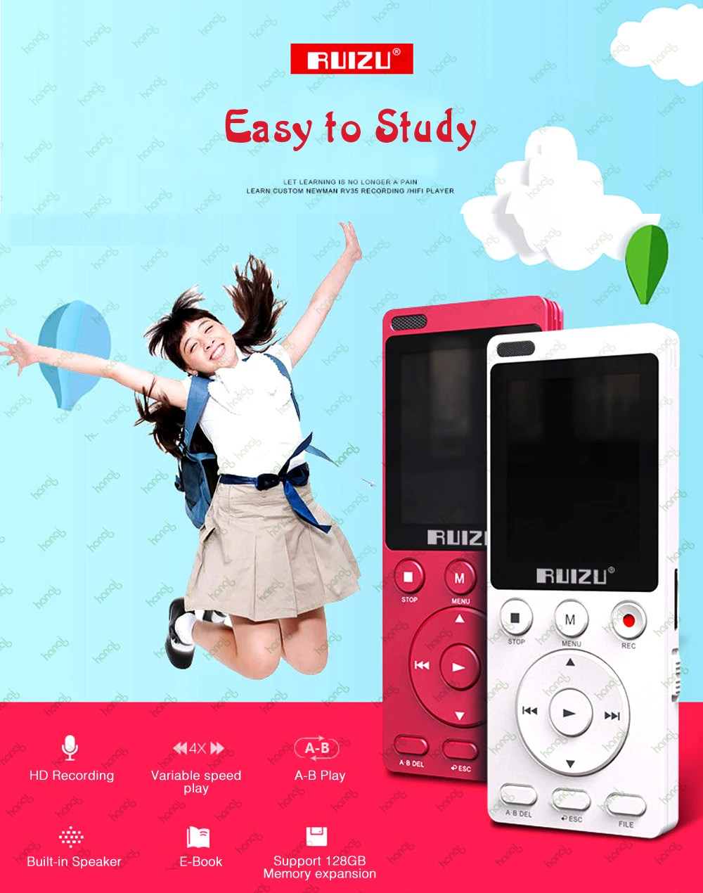 RUIZU K11 8GB Mp3 музыкальный плеер Портативный цифровой диктофон Встроенный громкоговоритель Поддержка TF карты один ключ A-B Повтор для учебы