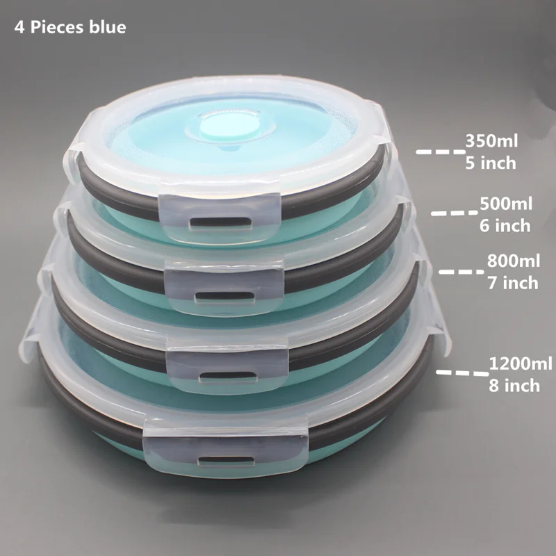 4 pieces blue Круглые силиконовые контейнеры для хранения продуктов Goldbaking, складные силиконовые круглые ланч-боксы, складные Складные боксы для ланча Bento - Цвет: 4 pieces blue